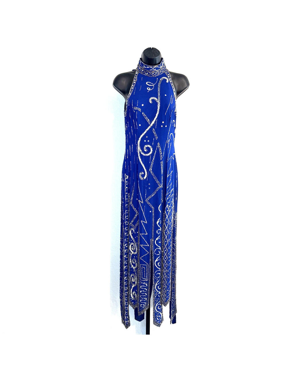 VTG. Lillie Rubin Silk Sequin Beaded High Neck Gown w/ Tassel Hem- Sz 4